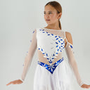 Elegancki strój taneczny dla dziewczynki do disco slow, modernu i jazz lyrical. Wszyte krótkie spodenki, lekka spódniczka i tuba na kucyk w zestawie.