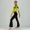 Strój turniejowy do disco dance Lime Slash dla dziewczynki w neonowym limonkowym kolorze i czerni, z dynamicznymi aplikacjami.
