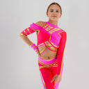Strój turniejowy do disco dance Neon Gold dla dziewczynki w neonowym różu, koralu i złocie.