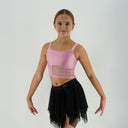 Top taneczny Corset Glow Pink dla dziewczynki w jasnoróżowym kolorze, z lycry z drobinkami brokatu i siatką imitującą gorset.